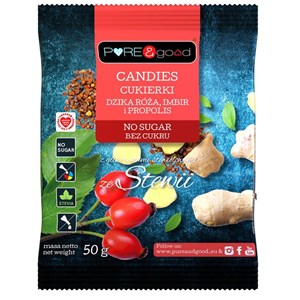 PURE&GOOD  Cukierki  z dziką różą , imbirem i propolisem, słodzone stevią ,bez cukru  50 g