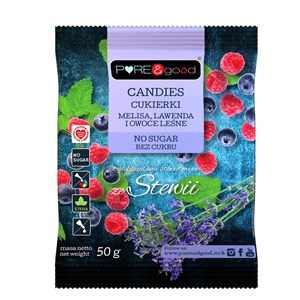 PURE&GOOD  Cukierki z melisą,lawendą i owocami leśnymi ,słodzone stevią ,bez cukru 50 g